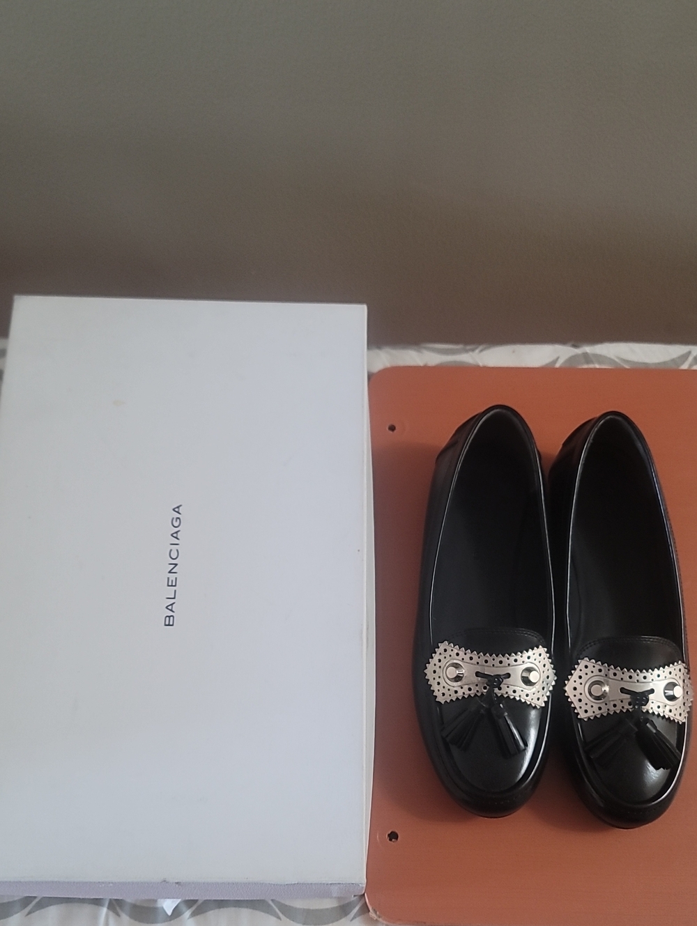 Balenciaga Black Leather Loafers with Silver Tassel Plate